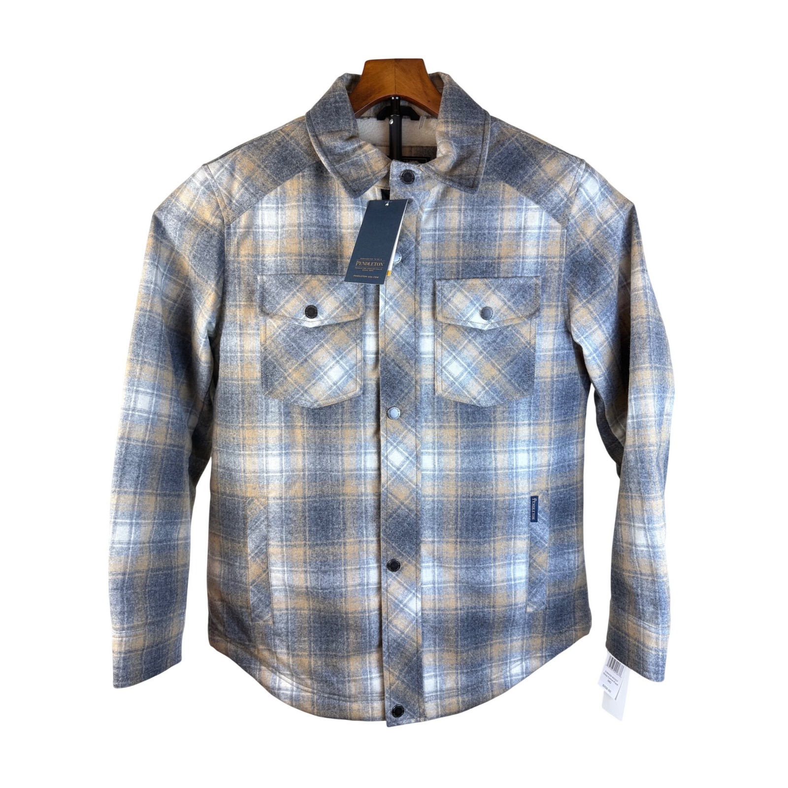 Pendleton Oswego Grey Camel Plaid Fleece Lined Shirt Jacket Medium Wool Blend